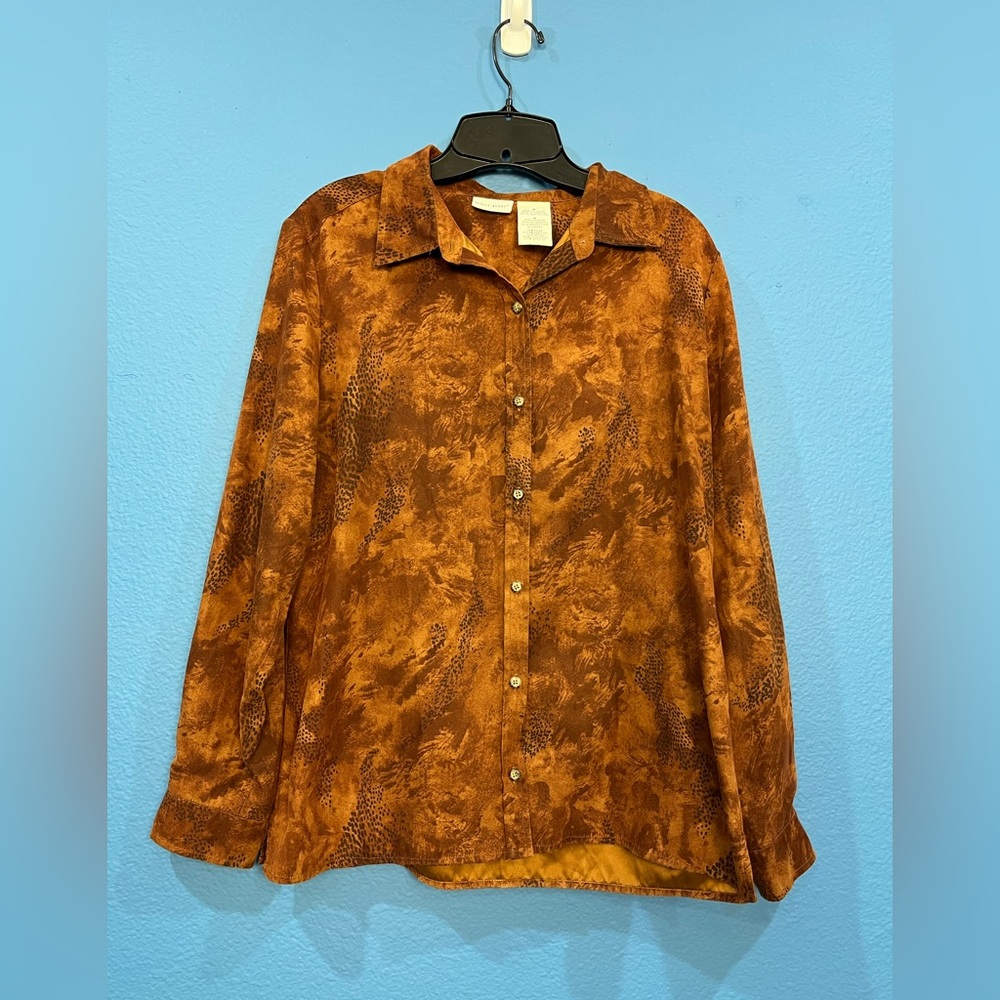 White Stag Brown Animal Cheetah Leopard Print Button Up Shirt Women Medium - Picture 1 of 16